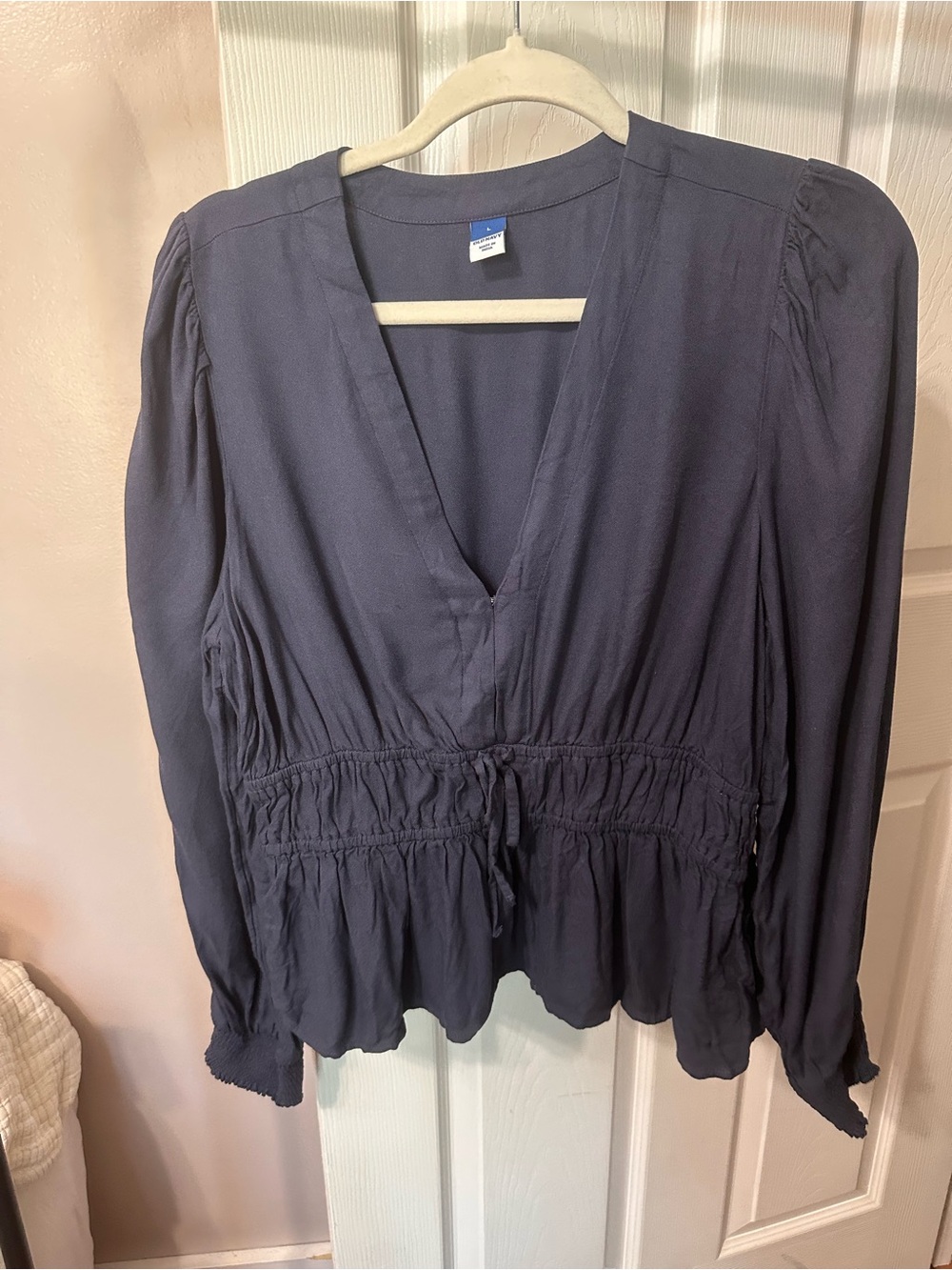 Women's Deep V-Neck Navy Peplum Blouse with Smocked Waist
